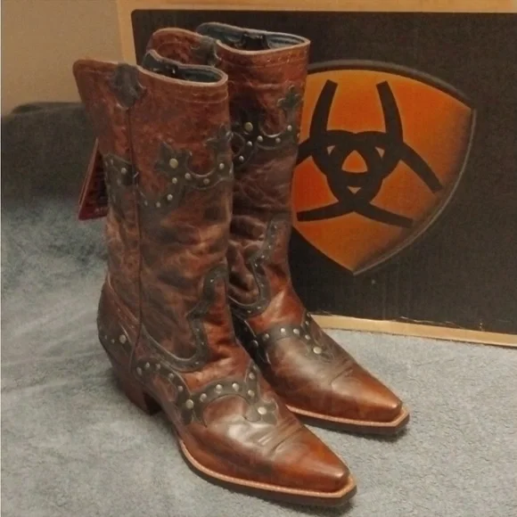 ARIAT ROGUE SKIPPY Brown Western Ostrich Cowboy Snip Toe Boot Size 9M Leather - Picture 2 of 15